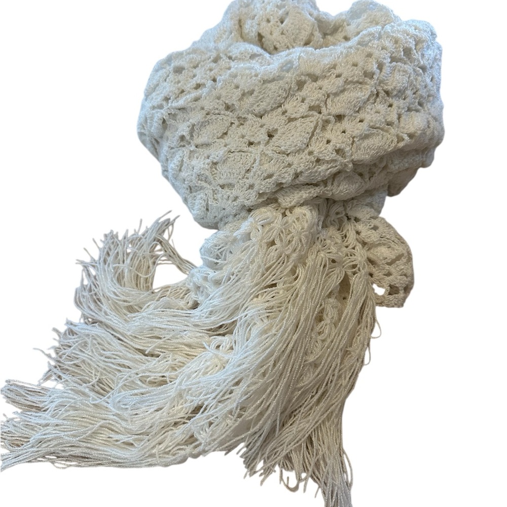 Boho Crochet Fringe Shawl Ivory Cottage Lace Wrap Scarf